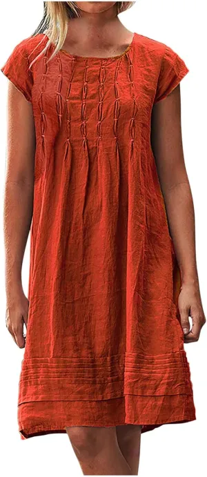 Linen Dress for Women Summer Pleated a Line Travel Sundress Crewneck Short Sleeve Dresses Vacation Casual Dress 2025