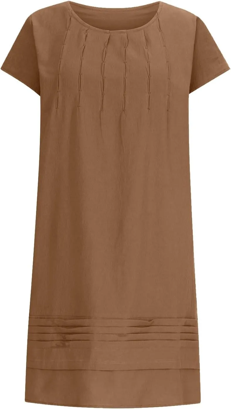 Linen Dress for Women Summer Pleated a Line Travel Sundress Crewneck Short Sleeve Dresses Vacation Casual Dress 2025