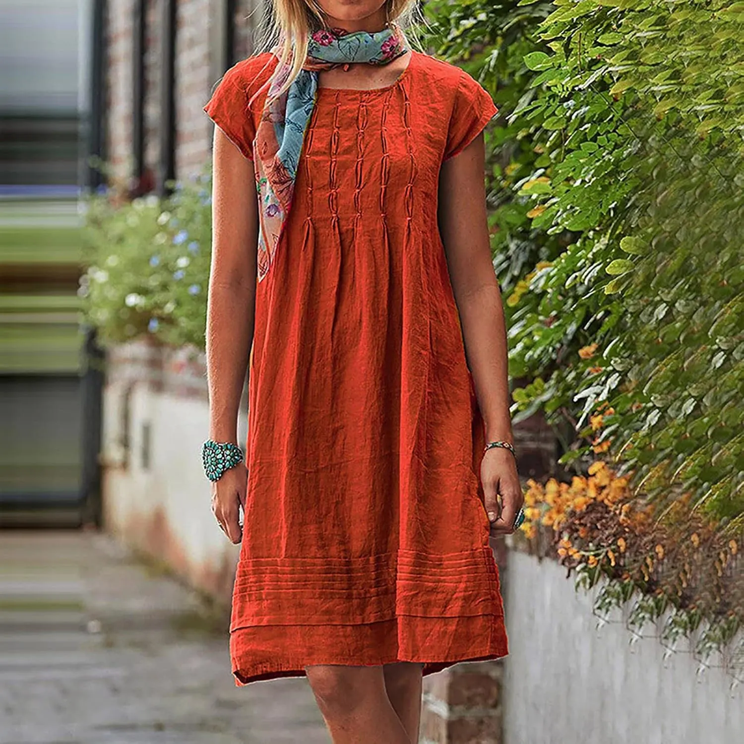 Linen Dress for Women Summer Pleated a Line Travel Sundress Crewneck Short Sleeve Dresses Vacation Casual Dress 2025