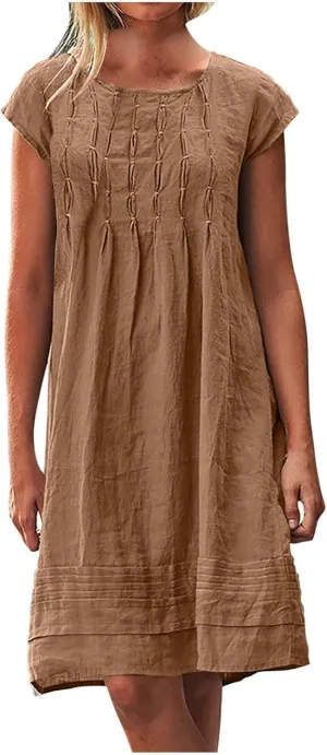 Linen Dress for Women Summer Pleated a Line Travel Sundress Crewneck Short Sleeve Dresses Vacation Casual Dress 2025