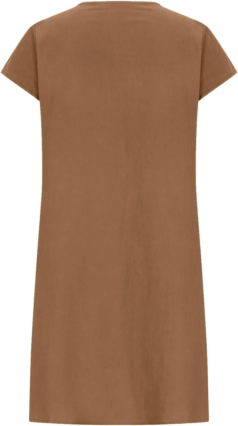 Linen Dress for Women Summer Pleated a Line Travel Sundress Crewneck Short Sleeve Dresses Vacation Casual Dress 2025