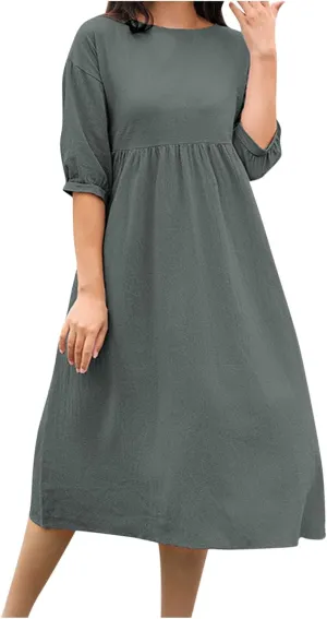 Linen Dress Women 2025 Summer Crew Neck Short Sleeve Solid Color Beach Midi Dresses Fashion Comfy Vacation Sundress