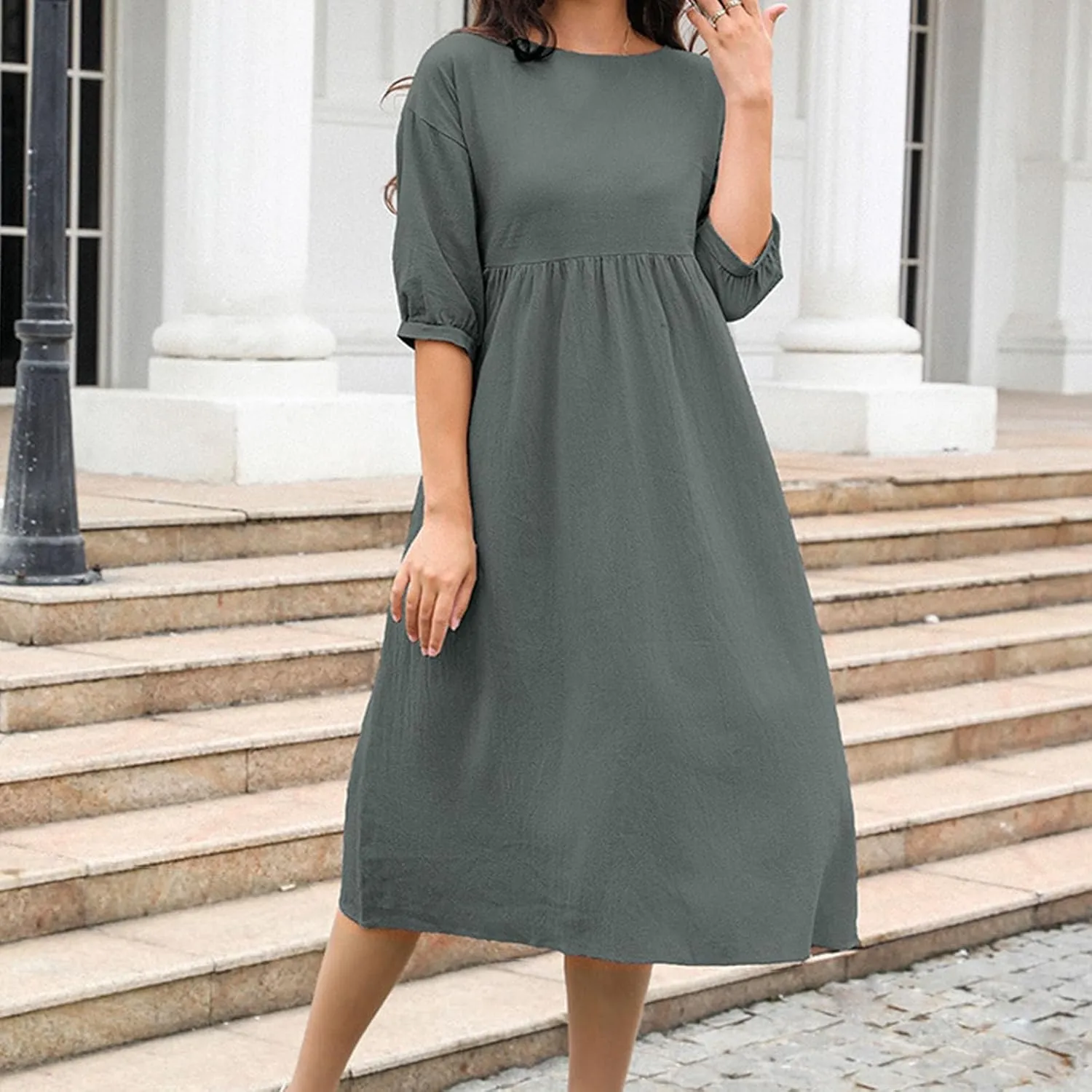 Linen Dress Women 2025 Summer Crew Neck Short Sleeve Solid Color Beach Midi Dresses Fashion Comfy Vacation Sundress