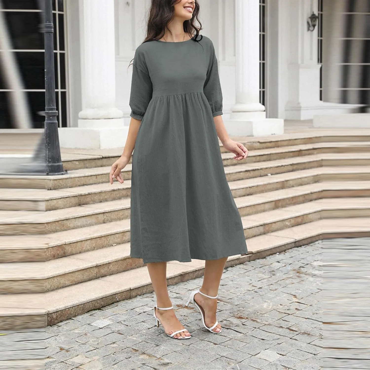 Linen Dress Women 2025 Summer Crew Neck Short Sleeve Solid Color Beach Midi Dresses Fashion Comfy Vacation Sundress