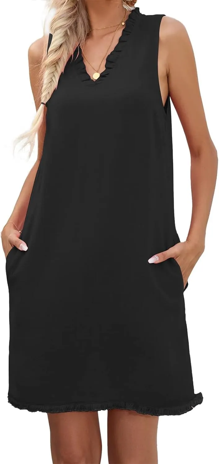 Linen Dresses for Women 2025 Ruffle V Neck Sleeveless Casual Summer Dress with Pockets Tunic Loose Mini Beach Dress