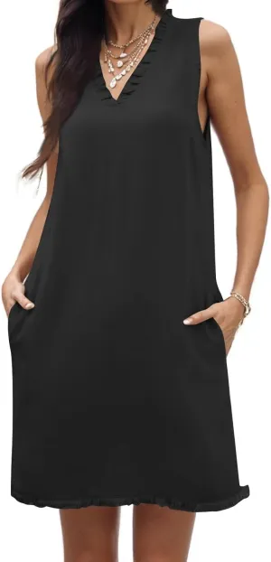 Linen Dresses for Women 2025 Ruffle V Neck Sleeveless Casual Summer Dress with Pockets Tunic Loose Mini Beach Dress
