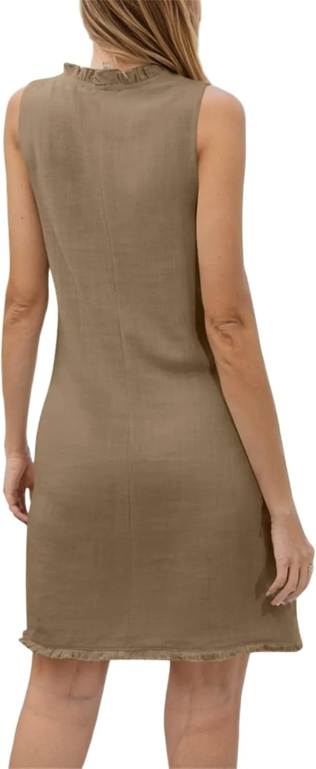 Linen Dresses for Women 2025 Ruffle V Neck Sleeveless Casual Summer Dress with Pockets Tunic Loose Mini Beach Dress