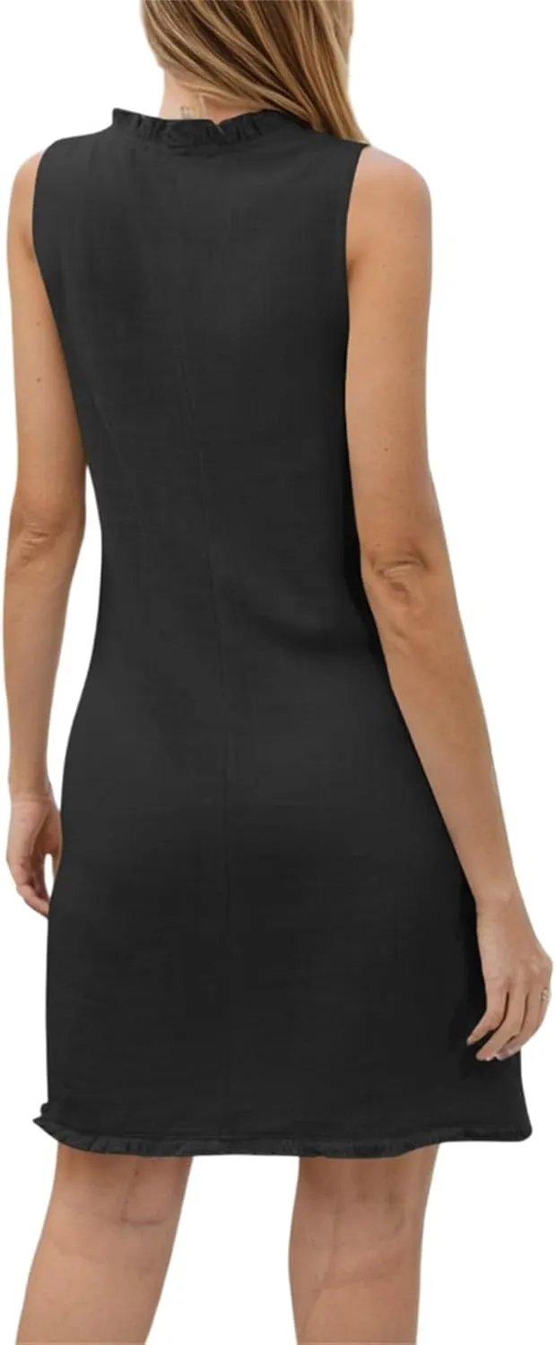 Linen Dresses for Women 2025 Ruffle V Neck Sleeveless Casual Summer Dress with Pockets Tunic Loose Mini Beach Dress