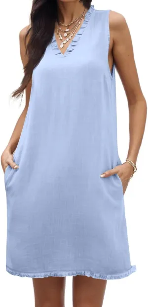Linen Dresses for Women 2025 Ruffle V Neck Sleeveless Casual Summer Dress with Pockets Tunic Loose Mini Beach Dress