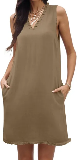 Linen Dresses for Women 2025 Ruffle V Neck Sleeveless Casual Summer Dress with Pockets Tunic Loose Mini Beach Dress