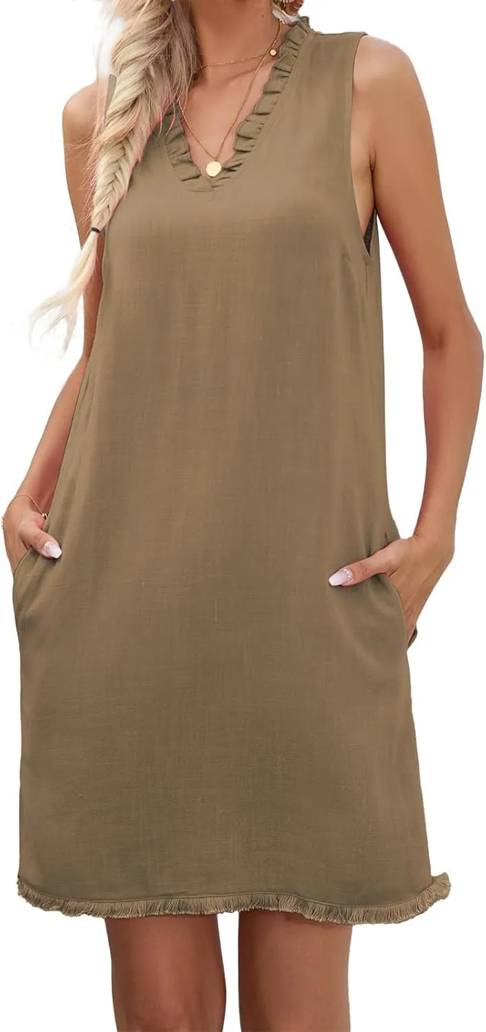 Linen Dresses for Women 2025 Ruffle V Neck Sleeveless Casual Summer Dress with Pockets Tunic Loose Mini Beach Dress