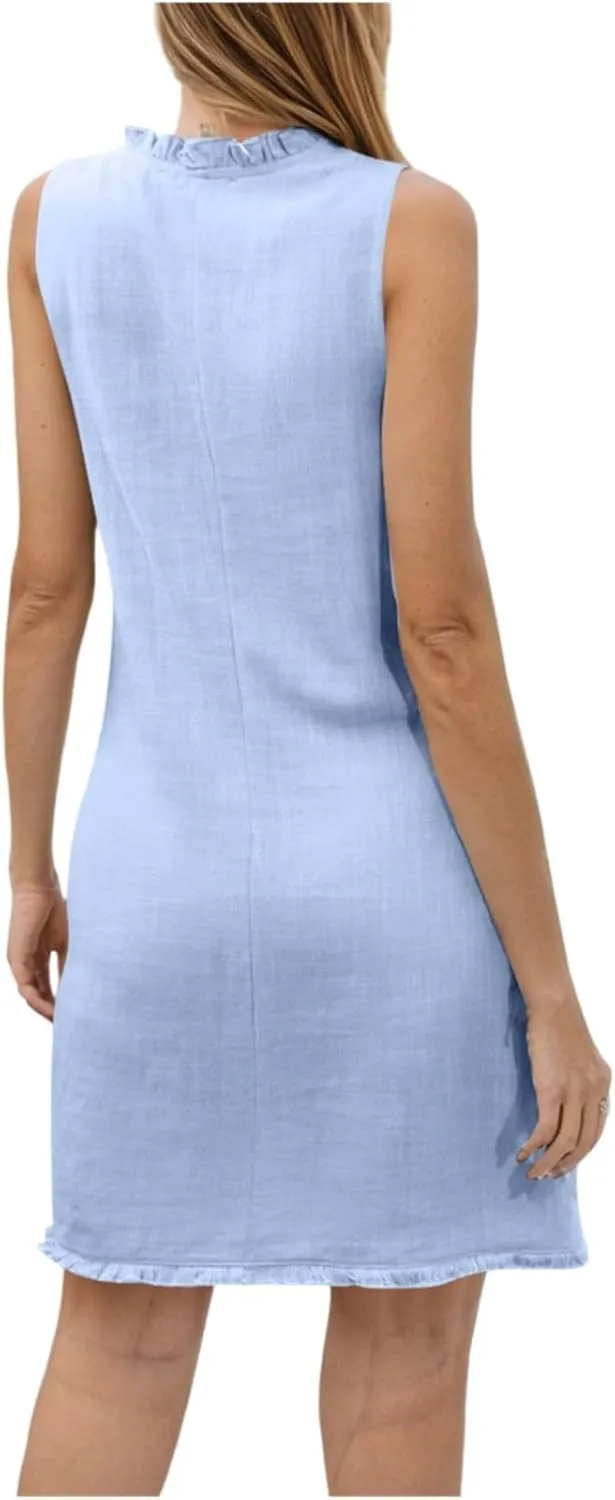 Linen Dresses for Women 2025 Ruffle V Neck Sleeveless Casual Summer Dress with Pockets Tunic Loose Mini Beach Dress