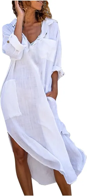 Linen Shirt Dresses for Women Casual Summer Maxi Dresses Button Lapel Boho Dress Vacation Beach Dress with Pockets