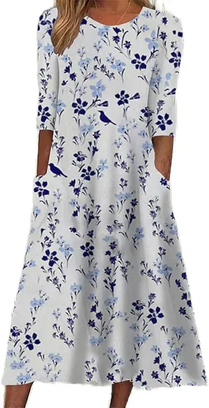 LOAIHA Women's Bohemian Floral Printed Maxi Dress Colorful Summer Casual Loose Flowy Dresses with Pockets