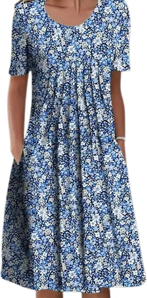 LOAIHA Women's Boho Dress Floral Print Short Sleeve T Shirt Dress 2024 Summer Casual Loose Swing Midi Dresses with Pockets