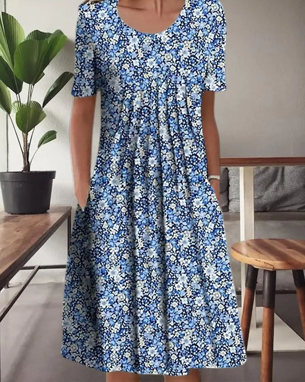 LOAIHA Women's Boho Dress Floral Print Short Sleeve T Shirt Dress 2024 Summer Casual Loose Swing Midi Dresses with Pockets