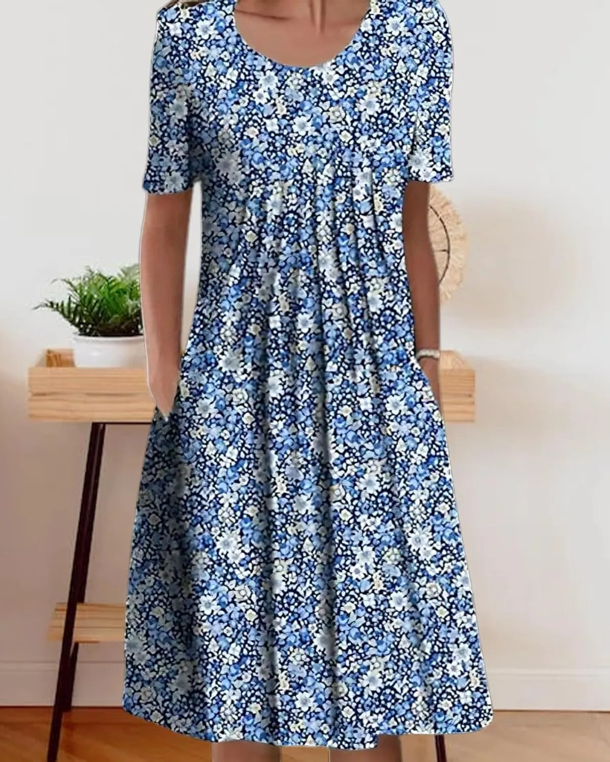 LOAIHA Women's Boho Dress Floral Print Short Sleeve T Shirt Dress 2024 Summer Casual Loose Swing Midi Dresses with Pockets