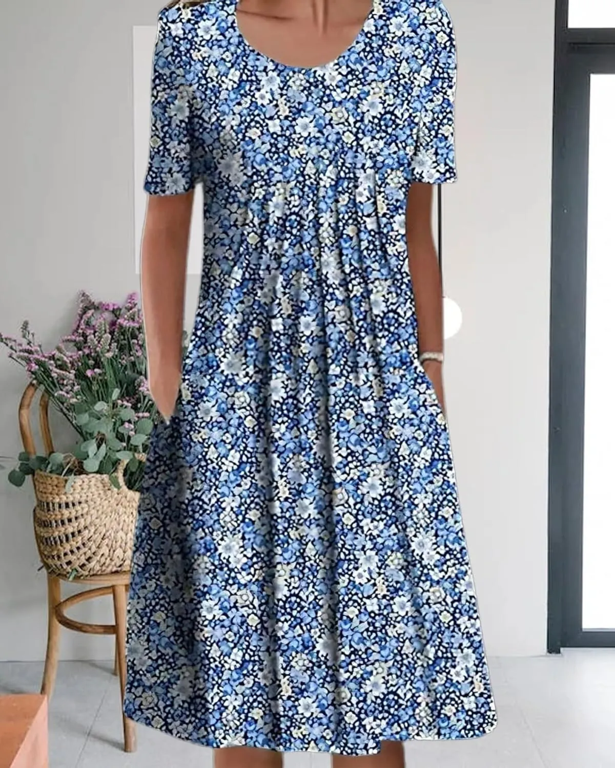 LOAIHA Women's Boho Dress Floral Print Short Sleeve T Shirt Dress 2024 Summer Casual Loose Swing Midi Dresses with Pockets