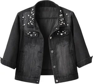 Locachy Womens 3/4 Sleeve Short Embroidered Rivet Pearl Denim Jacket Button Down Cropped Denim Jean Jacket Coat