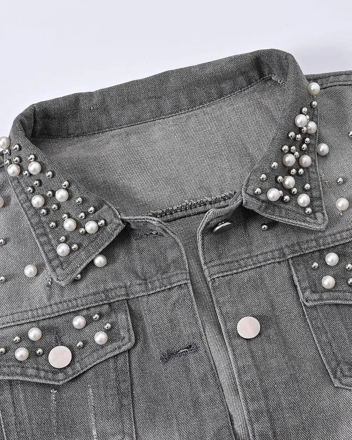 Locachy Womens 3/4 Sleeve Short Embroidered Rivet Pearl Denim Jacket Button Down Cropped Denim Jean Jacket Coat