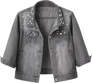 Locachy Womens 3/4 Sleeve Short Embroidered Rivet Pearl Denim Jacket Button Down Cropped Denim Jean Jacket Coat