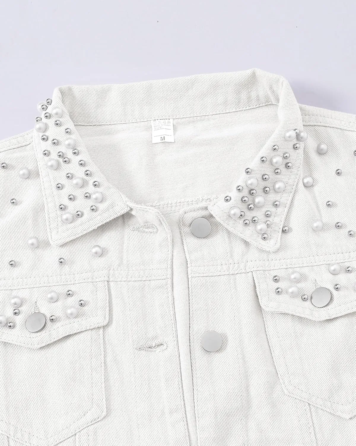 Locachy Womens 3/4 Sleeve Short Embroidered Rivet Pearl Denim Jacket Button Down Cropped Denim Jean Jacket Coat