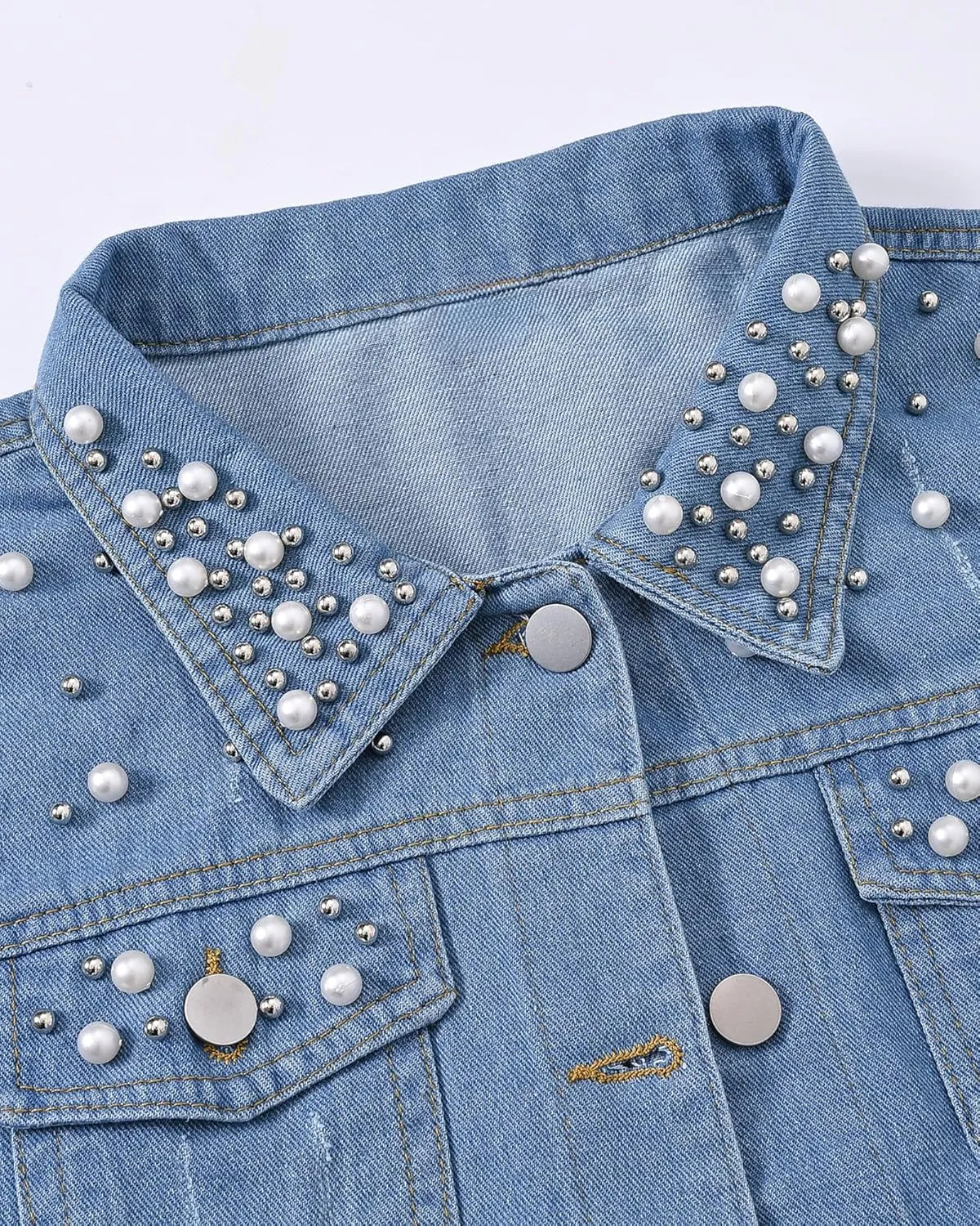 Locachy Womens 3/4 Sleeve Short Embroidered Rivet Pearl Denim Jacket Button Down Cropped Denim Jean Jacket Coat
