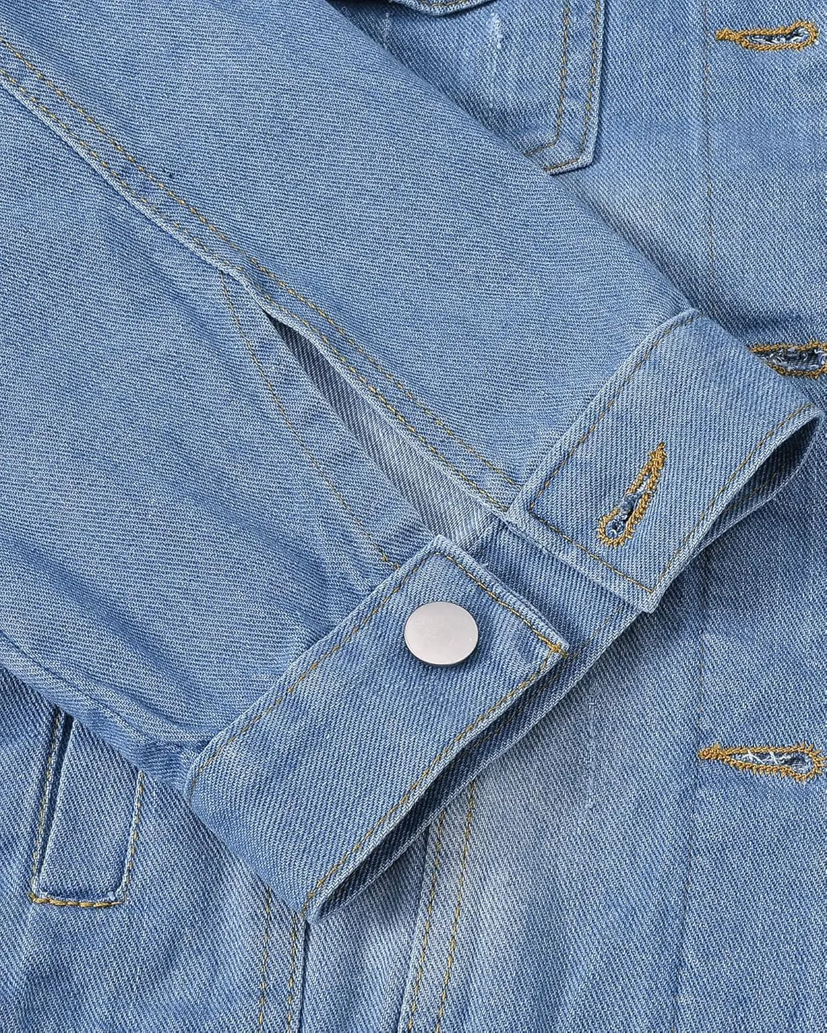 Locachy Womens 3/4 Sleeve Short Embroidered Rivet Pearl Denim Jacket Button Down Cropped Denim Jean Jacket Coat