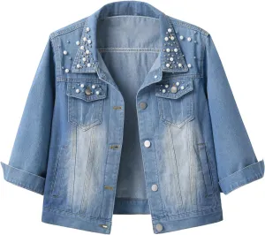 Locachy Womens 3/4 Sleeve Short Embroidered Rivet Pearl Denim Jacket Button Down Cropped Denim Jean Jacket Coat