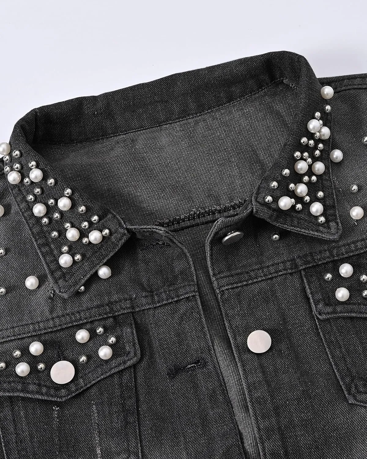 Locachy Womens 3/4 Sleeve Short Embroidered Rivet Pearl Denim Jacket Button Down Cropped Denim Jean Jacket Coat