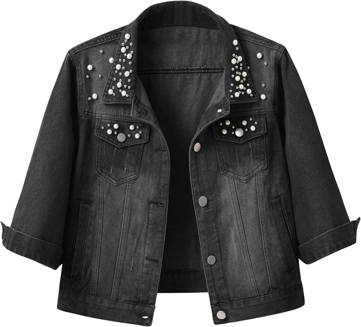 Locachy Womens 3/4 Sleeve Short Embroidered Rivet Pearl Denim Jacket Button Down Cropped Denim Jean Jacket Coat