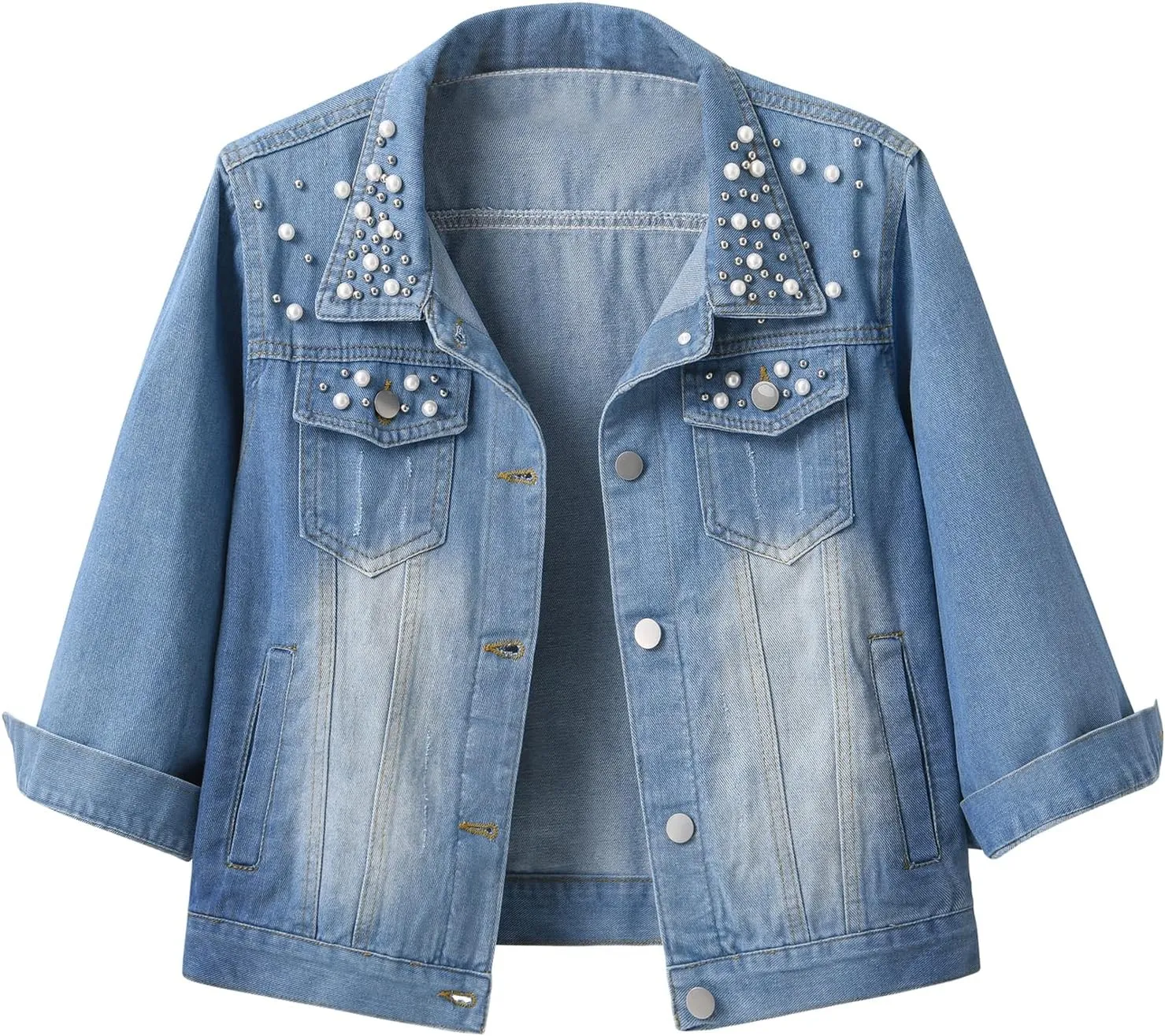 Locachy Womens 3/4 Sleeve Short Embroidered Rivet Pearl Denim Jacket Button Down Cropped Denim Jean Jacket Coat