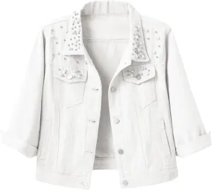 Locachy Womens 3/4 Sleeve Short Embroidered Rivet Pearl Denim Jacket Button Down Cropped Denim Jean Jacket Coat