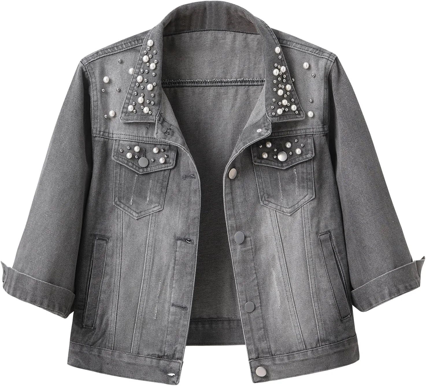 Locachy Womens 3/4 Sleeve Short Embroidered Rivet Pearl Denim Jacket Button Down Cropped Denim Jean Jacket Coat
