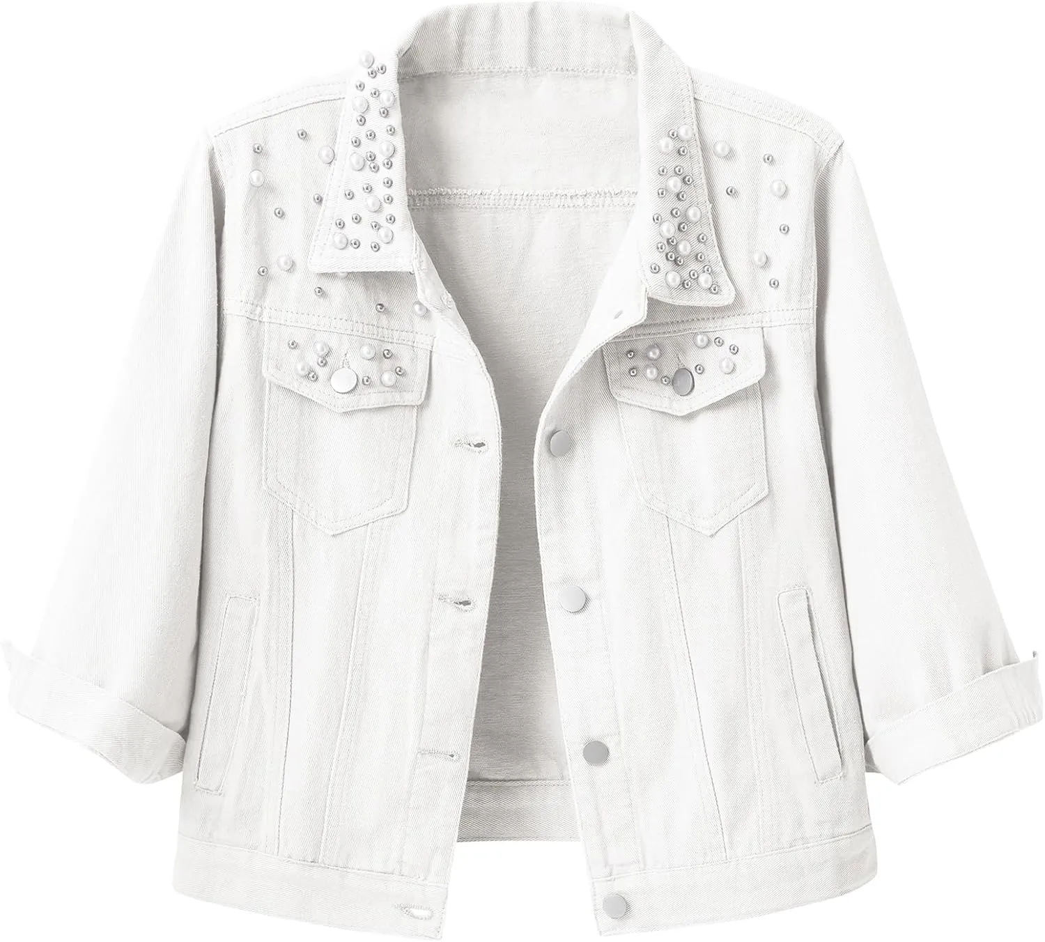 Locachy Womens 3/4 Sleeve Short Embroidered Rivet Pearl Denim Jacket Button Down Cropped Denim Jean Jacket Coat
