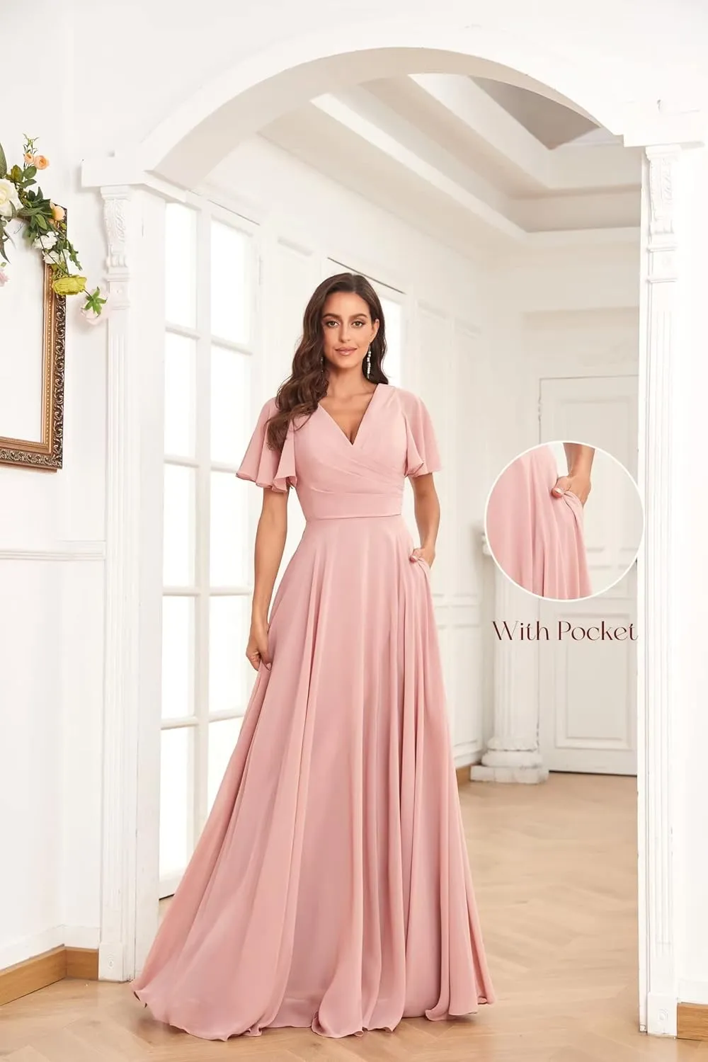Long Chiffon Bridesmaid Dresses for Wedding Short Sleeve V Neck Formal Eevning Dresses