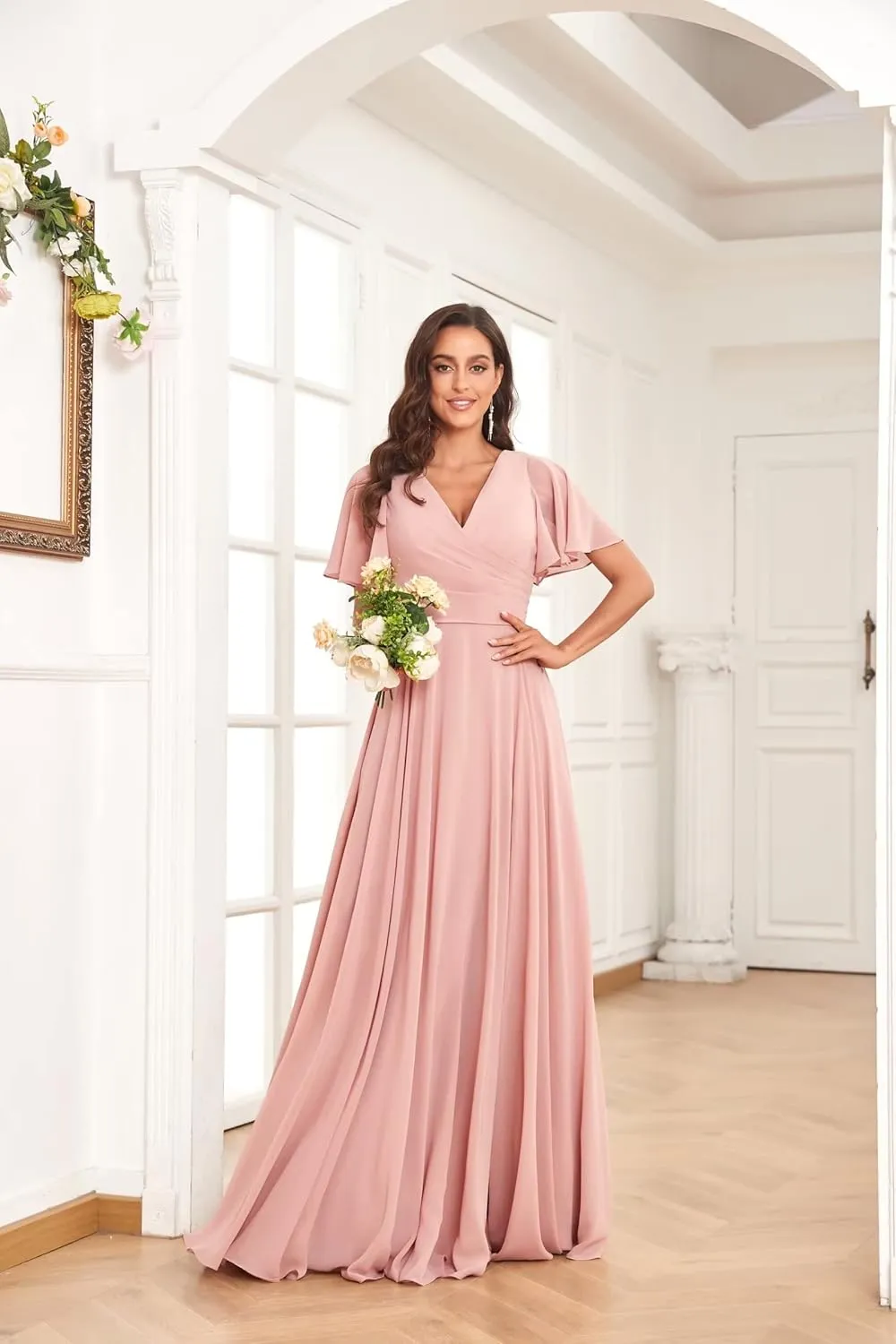 Long Chiffon Bridesmaid Dresses for Wedding Short Sleeve V Neck Formal Eevning Dresses