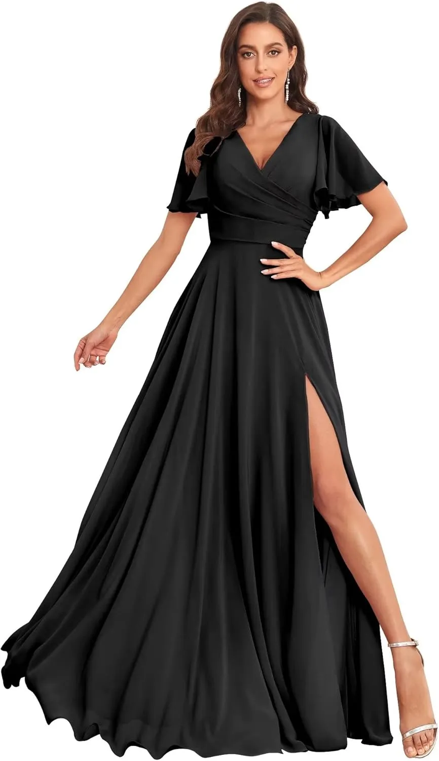 Long Chiffon Bridesmaid Dresses for Wedding Short Sleeve V Neck Formal Eevning Dresses