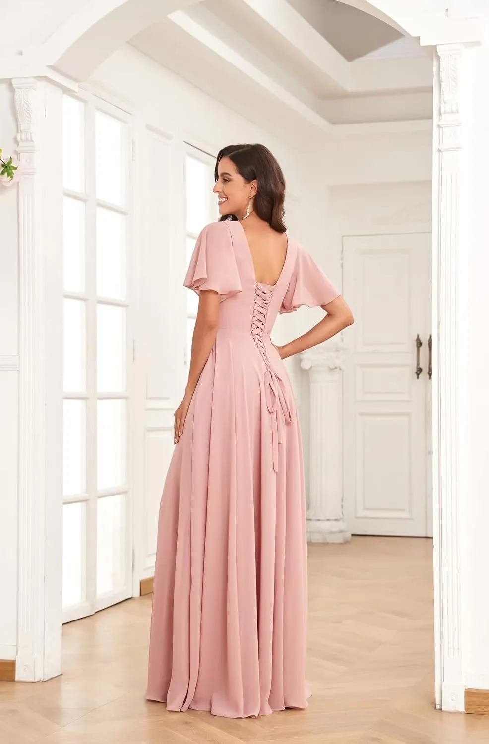 Long Chiffon Bridesmaid Dresses for Wedding Short Sleeve V Neck Formal Eevning Dresses