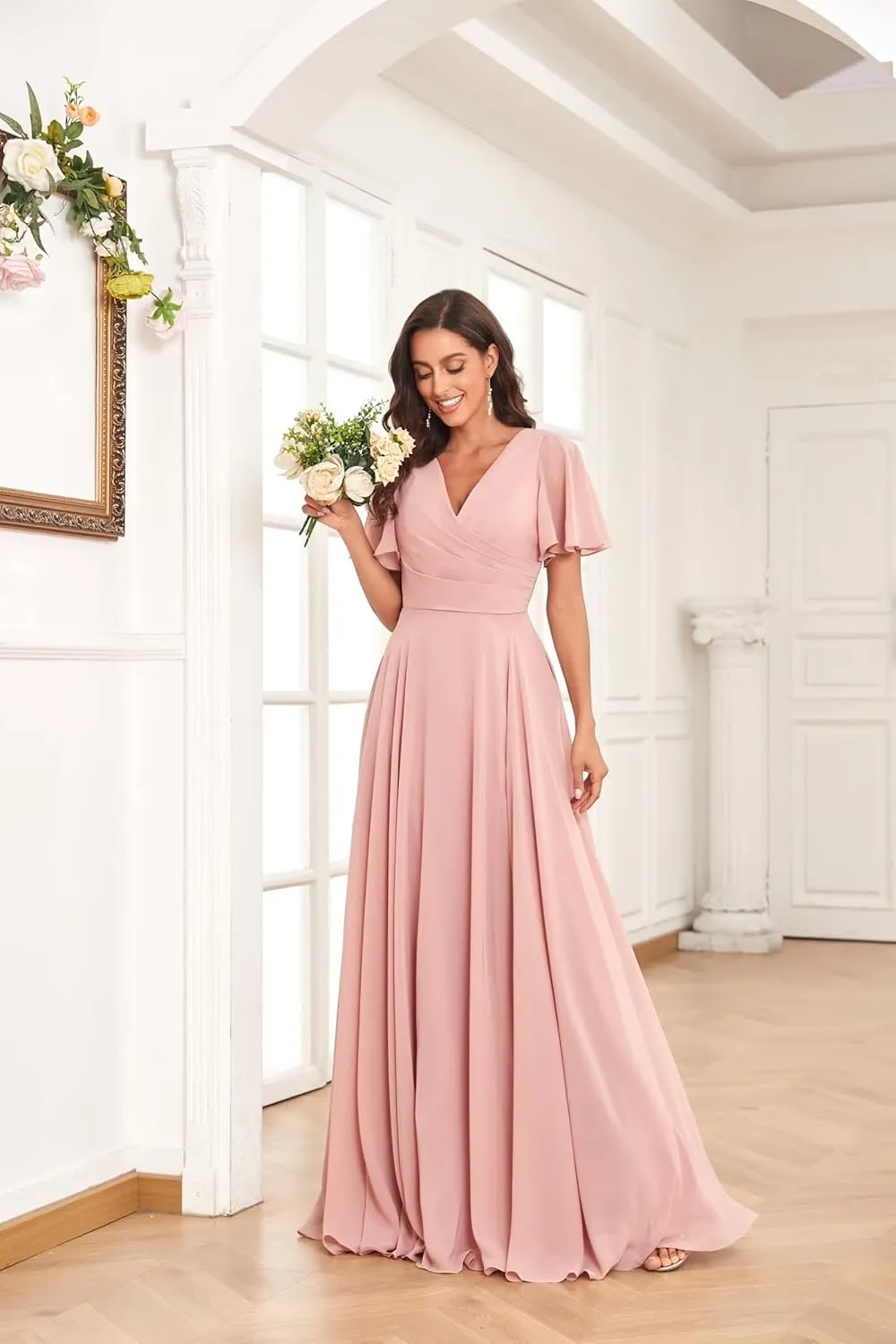 Long Chiffon Bridesmaid Dresses for Wedding Short Sleeve V Neck Formal Eevning Dresses