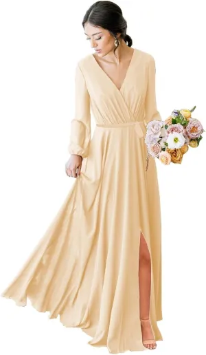 Long Sleeve Bridesmaid Dresses for Wedding Pleated Chiffon V Neck Formal Dress with Slit