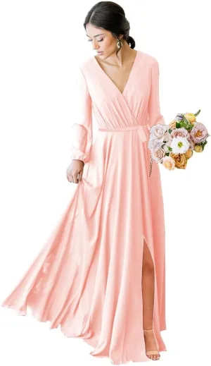 Long Sleeve Bridesmaid Dresses for Wedding Pleated Chiffon V Neck Formal Dress with Slit