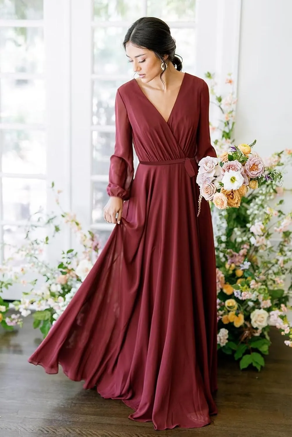 Long Sleeve Bridesmaid Dresses for Wedding Pleated Chiffon V Neck Formal Dress with Slit