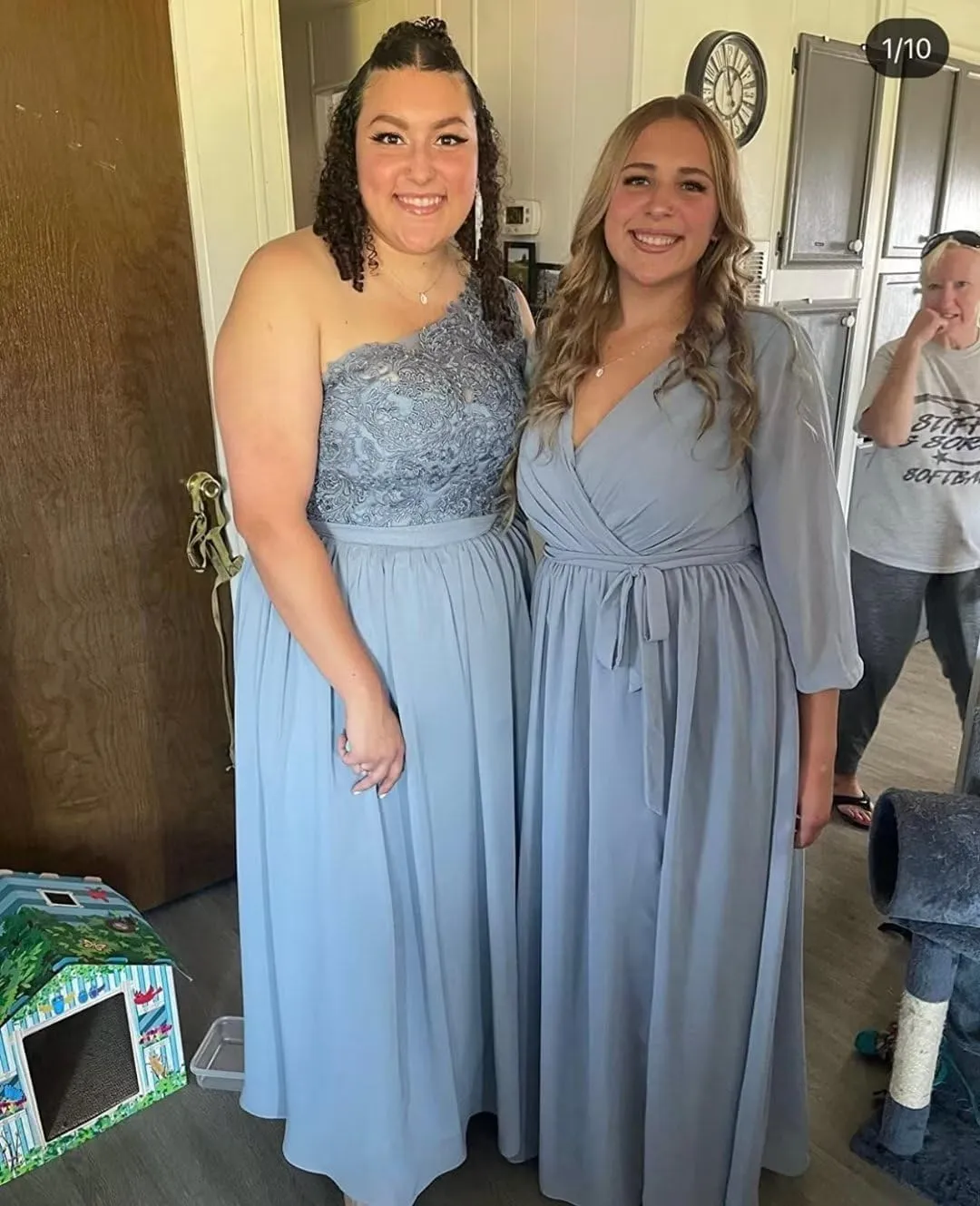 Long Sleeve Bridesmaid Dresses for Wedding Pleated Chiffon V Neck Formal Dress with Slit