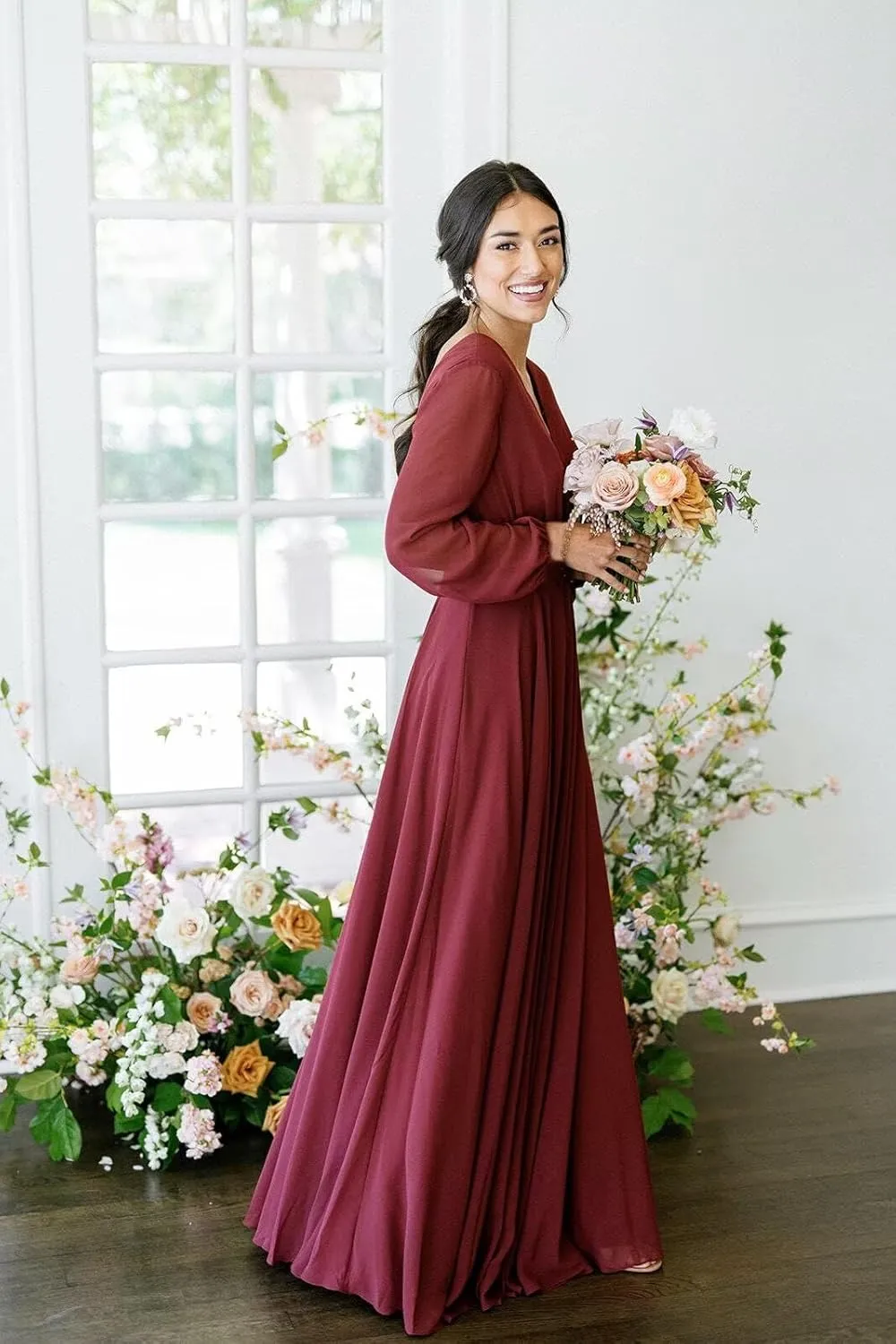 Long Sleeve Bridesmaid Dresses for Wedding Pleated Chiffon V Neck Formal Dress with Slit