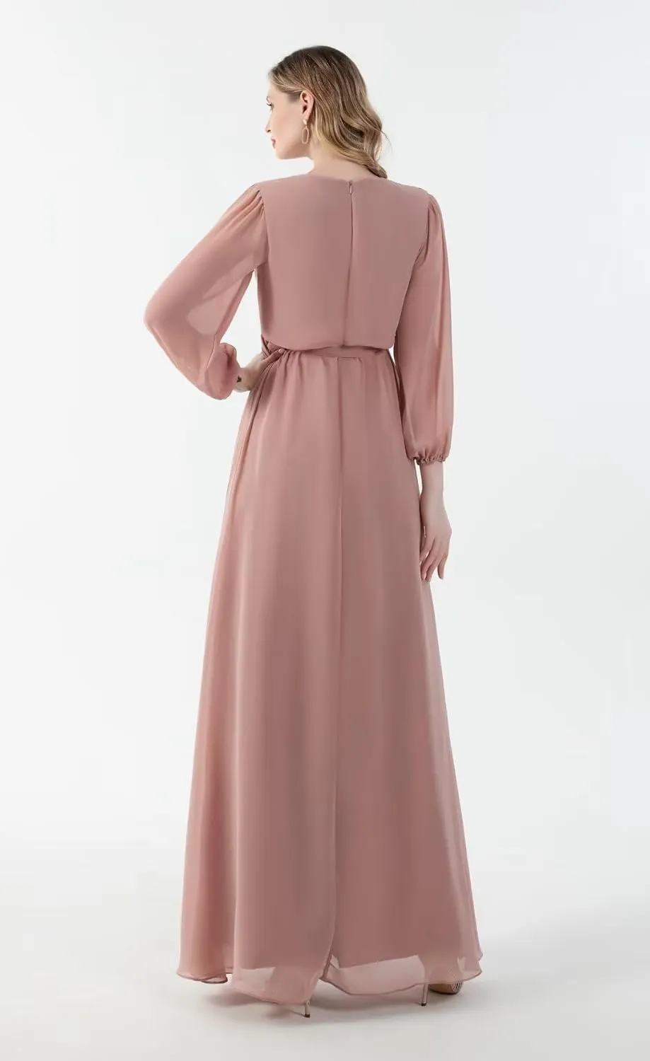 Long Sleeve Bridesmaid Dresses for Wedding Pleated Chiffon V Neck Formal Dress with Slit
