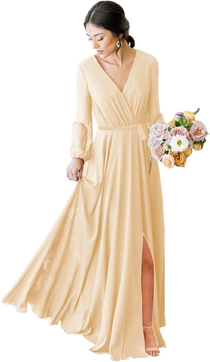 Long Sleeve Bridesmaid Dresses for Wedding Pleated Chiffon V Neck Formal Dress with Slit