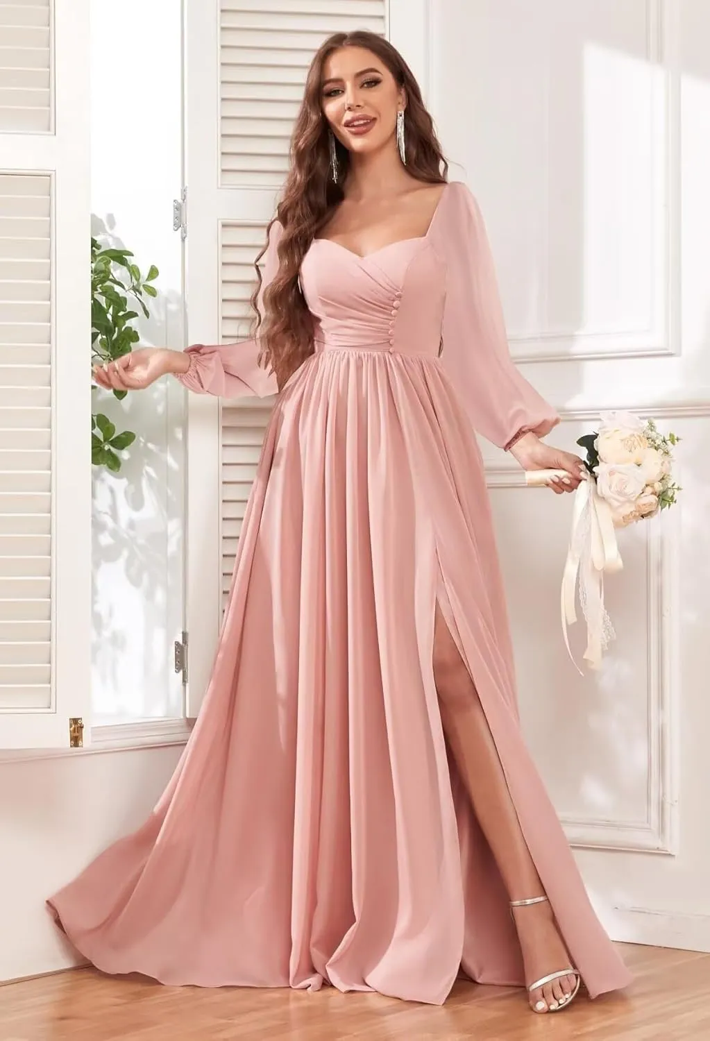 Long Sleeve Bridesmaid Dresses for Women Pleated Chiffon Long Formal Evening Dresses with Slit