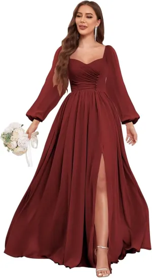 Long Sleeve Bridesmaid Dresses for Women Pleated Chiffon Long Formal Evening Dresses with Slit