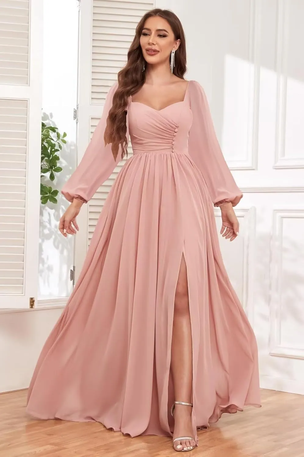 Long Sleeve Bridesmaid Dresses for Women Pleated Chiffon Long Formal Evening Dresses with Slit